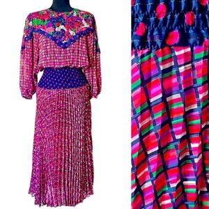 Diane Freis Dress 1980s Vintage Designer Dress Trendy Colorful Pleat Ruche Waist